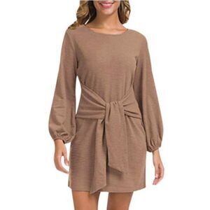 NWT Lionstill Mocha Casual Dress Long Sleeve Tie Wrap Waist Mini Dress